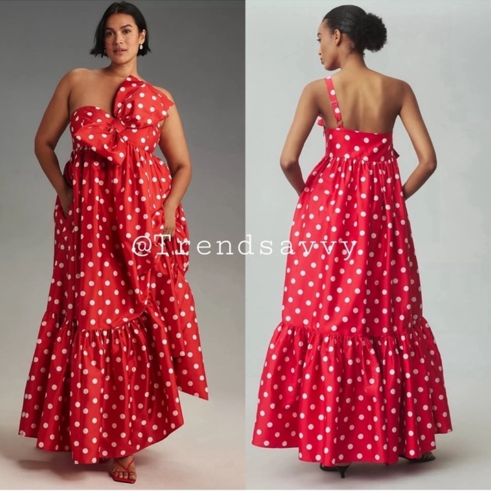 Anthropologie Atsu Sally Bow Polka Dot One Shoulder Midi Dress Red Medium NWT